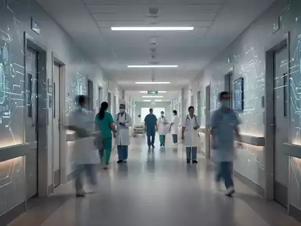 Ein moderner, digital vernetzter Krankenhausflur mit sanfter Beleuchtung und schemenhaften medizinischen Fachkräften, die Rehabilitation symbolisieren. - Foto: über boerse-global.de