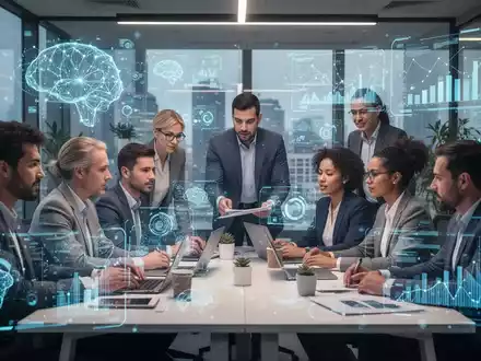 HR-Mitarbeiter und Personaler in einem modernen Büro, umgeben von digitalen Schnittstellen und Datenvisualisierungen, die KI und Recruiting darstellen. - Foto: über boerse-global.de
