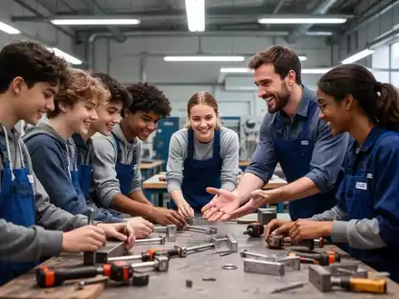 Junge Auszubildende arbeiten in einem modernen Workshop zusammen, während ein Mentor konstruktives Feedback gibt. - Foto: über boerse-global.de