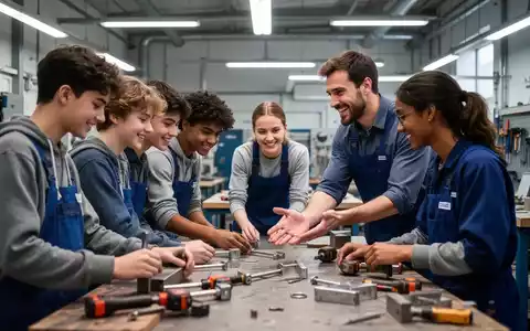 Junge Auszubildende arbeiten in einem modernen Workshop zusammen, während ein Mentor konstruktives Feedback gibt. - Foto: über boerse-global.de