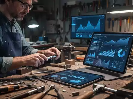 Ein Handwerker in einer Werkstatt, der ein Tablet mit Datenanalysen betrachtet, um die Produktivität zu steigern. - Foto: über boerse-global.de