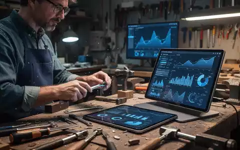 Ein Handwerker in einer Werkstatt, der ein Tablet mit Datenanalysen betrachtet, um die Produktivität zu steigern. - Foto: über boerse-global.de