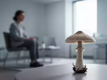 Eine einzelne Psilocybin-Pilz-Kappe im Vordergrund, unscharf, vor dem Hintergrund einer verschwommenen Therapieszene. - Foto: über boerse-global.de