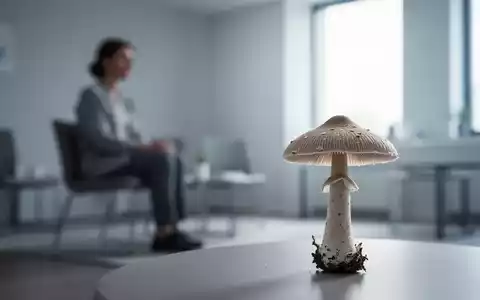 Eine einzelne Psilocybin-Pilz-Kappe im Vordergrund, unscharf, vor dem Hintergrund einer verschwommenen Therapieszene. - Foto: über boerse-global.de