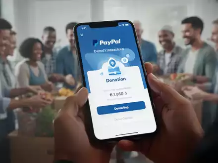 A smartphone screen showing a PayPal donation page, held by blurred hands, with a subtle background of people at a charitable event. - Foto: über boerse-global.de