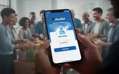 A smartphone screen showing a PayPal donation page, held by blurred hands, with a subtle background of people at a charitable event. - Foto: über boerse-global.de