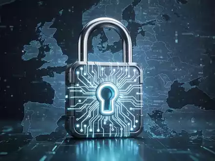 A glowing digital padlock symbolizing cybersecurity and data protection, with a faint map of Europe in the background. - Foto: über boerse-global.de