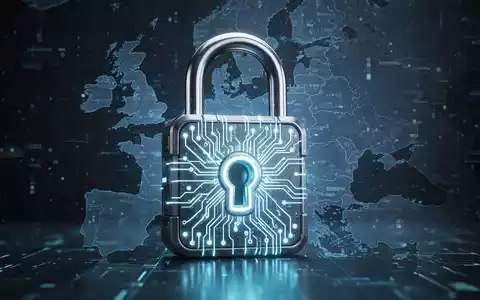 A glowing digital padlock symbolizing cybersecurity and data protection, with a faint map of Europe in the background. - Foto: über boerse-global.de
