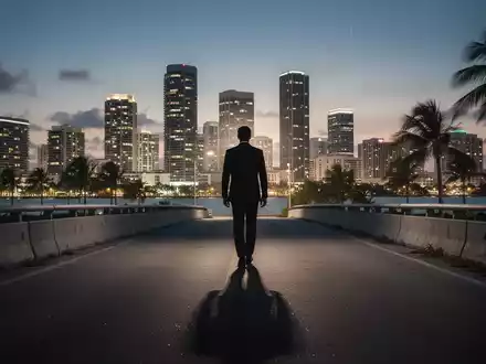 Eine einsame Figur geht bei Sonnenuntergang von einer hell erleuchteten Miami-Skyline weg, die einen langen Schatten wirft. - Foto: über boerse-global.de