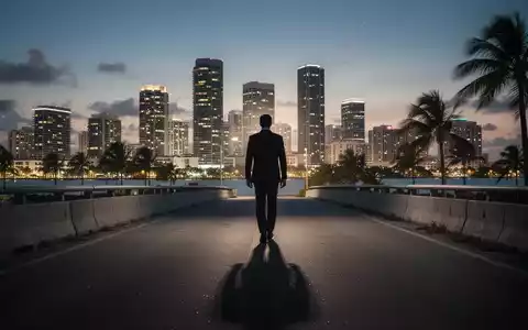 Eine einsame Figur geht bei Sonnenuntergang von einer hell erleuchteten Miami-Skyline weg, die einen langen Schatten wirft. - Foto: über boerse-global.de