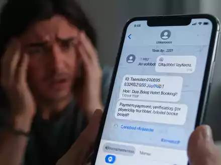 Nahaufnahme eines Smartphone-Bildschirms mit einer verdächtigen Nachricht, die eine Zahlungsaufforderung für eine Hotelbuchung enthält. - Foto: über boerse-global.de