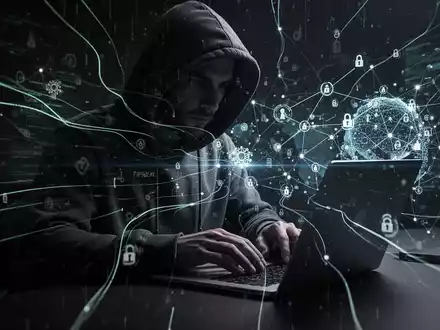 A person in a hoodie types on a laptop, surrounded by abstract digital network symbols, representing global cybercrime and online fraud. - Foto: über boerse-global.de