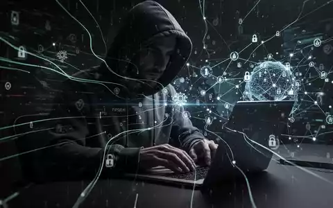 A person in a hoodie types on a laptop, surrounded by abstract digital network symbols, representing global cybercrime and online fraud. - Foto: über boerse-global.de