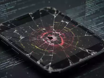 Close-up of an old Android smartphone with a cracked screen, displaying a digital security threat overlay in red and yellow. - Foto: über boerse-global.de