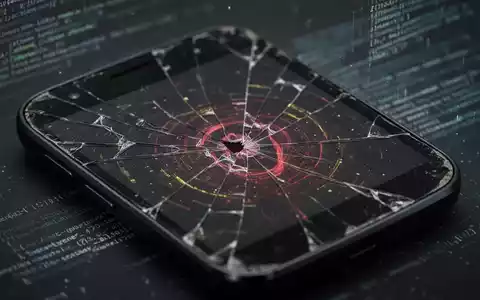 Close-up of an old Android smartphone with a cracked screen, displaying a digital security threat overlay in red and yellow. - Foto: über boerse-global.de