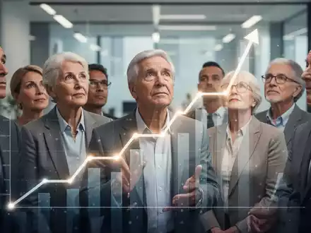 Eine vielfältige Gruppe von Menschen blickt nachdenklich auf ein abstraktes Diagramm, das steigende Rentenfonds symbolisiert. - Foto: über boerse-global.de