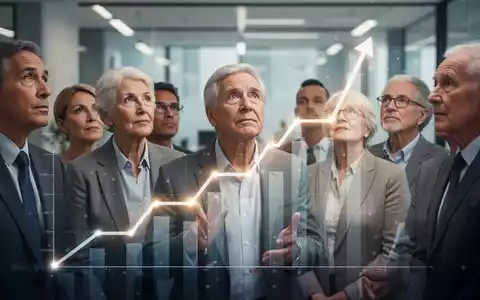 Eine vielfältige Gruppe von Menschen blickt nachdenklich auf ein abstraktes Diagramm, das steigende Rentenfonds symbolisiert. - Foto: über boerse-global.de