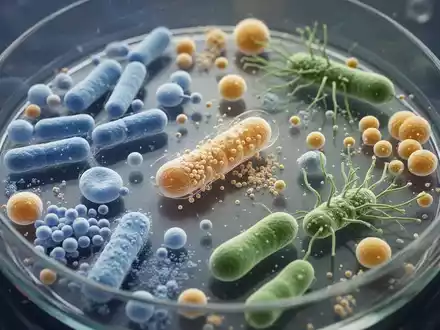 Nahaufnahme einer Petrischale mit verschiedenen Mikroorganismen, die wissenschaftliche Forschung und probiotische Anwendungen symbolisieren. - Foto: über boerse-global.de