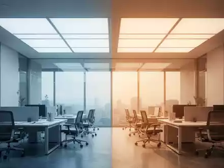 Ein modernes Büro mit großen, leuchtenden Deckenpaneelen, die natürliches Tageslicht imitieren und eine angenehme Arbeitsatmosphäre schaffen. - Foto: über boerse-global.de
