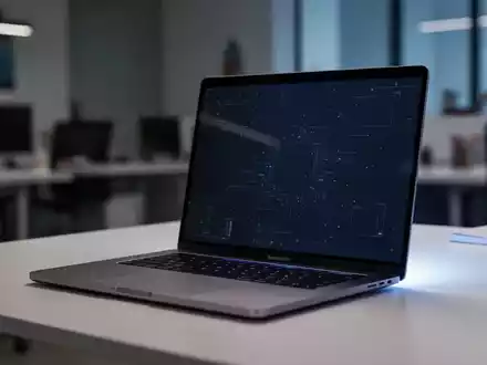 A sleek silver Apple MacBook Pro laptop open on a modern desk, screen glowing, in a subtly blurred office environment. - Foto: über boerse-global.de