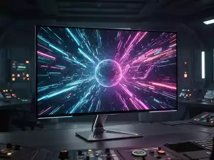 Ein schlanker, futuristischer 39-Zoll-OLED-Monitor zeigt lebendige Grafiken in einem hochtechnologischen Raum. - Foto: über boerse-global.de