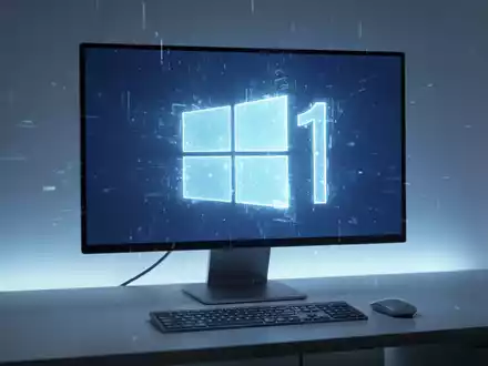 Holographic Windows 11 logo projected onto a clean computer setup, symbolizing new installation and setup features. - Foto: über boerse-global.de