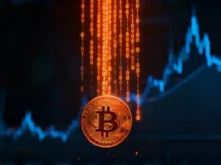 Digitale Darstellung von Bitcoin, die als leuchtender orangefarbener Binärcode nach unten fließt, vor einem dunklen Hintergrund mit dezenten Finanzgrafiken. - Foto: über boerse-global.de