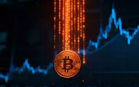 Digitale Darstellung von Bitcoin, die als leuchtender orangefarbener Binärcode nach unten fließt, vor einem dunklen Hintergrund mit dezenten Finanzgrafiken. - Foto: über boerse-global.de