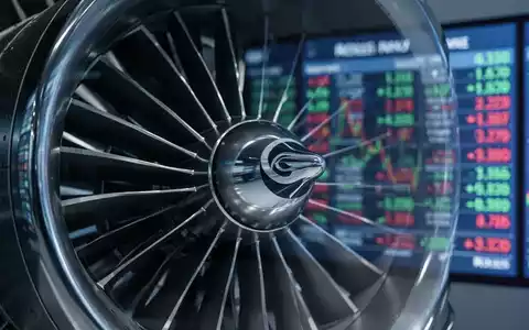Nahaufnahme einer Rolls-Royce-Flugzeugturbinenschaufel mit verschwommenem Börsenticker im Hintergrund. - Foto: über boerse-global.de
