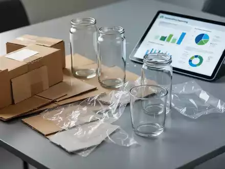 Nahaufnahme von Verpackungsmaterialien wie Karton, Plastik und Glas, mit einem Tablet im Hintergrund, das Daten und Diagramme anzeigt. - Foto: über boerse-global.de