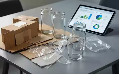 Nahaufnahme von Verpackungsmaterialien wie Karton, Plastik und Glas, mit einem Tablet im Hintergrund, das Daten und Diagramme anzeigt. - Foto: über boerse-global.de