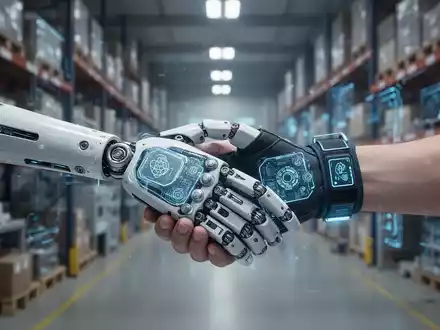 A humanoid robot hand gently grasps a human hand wearing a data-capturing sensor glove, symbolizing AI training data collection. - Foto: über boerse-global.de