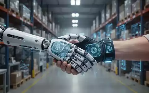 A humanoid robot hand gently grasps a human hand wearing a data-capturing sensor glove, symbolizing AI training data collection. - Foto: über boerse-global.de