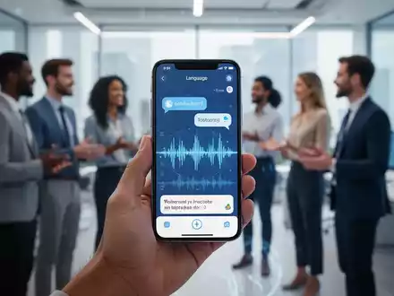A hand holding a smartphone displaying a live translation interface, with blurred diverse people in the background. - Foto: über boerse-global.de