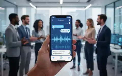 A hand holding a smartphone displaying a live translation interface, with blurred diverse people in the background. - Foto: über boerse-global.de