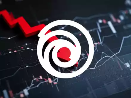 Ein roter, nach unten zeigender Pfeil auf einem dunklen Finanzchart, der einen starken Kursrückgang der Ubisoft-Aktie symbolisiert. - Foto: über boerse-global.de