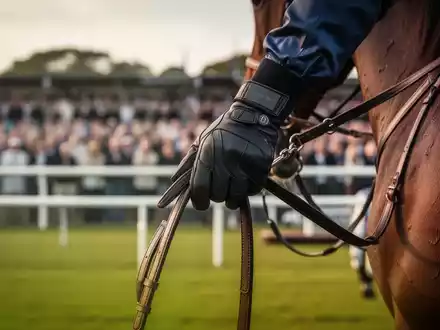 Nahaufnahme der behandschuhten Hand eines Jockeys, die die Zügel eines Pferdes bei einem Reitsportturnier hält, mit verschwommenem Hintergrund. - Foto: über boerse-global.de