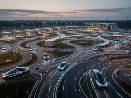 Luftaufnahme eines weitläufigen Testgeländes für autonome Fahrzeuge bei Sonnenuntergang mit futuristischen Autos auf Straßen. - Foto: über boerse-global.de