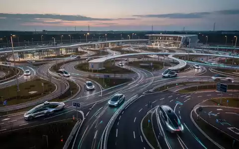 Luftaufnahme eines weitläufigen Testgeländes für autonome Fahrzeuge bei Sonnenuntergang mit futuristischen Autos auf Straßen. - Foto: über boerse-global.de