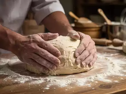 Nahaufnahme der Hände eines Bäckers, der Teig auf einer bemehlten Holzfläche knetet, mit Backutensilien im Hintergrund. - Foto: über boerse-global.de