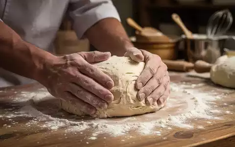 Nahaufnahme der Hände eines Bäckers, der Teig auf einer bemehlten Holzfläche knetet, mit Backutensilien im Hintergrund. - Foto: über boerse-global.de
