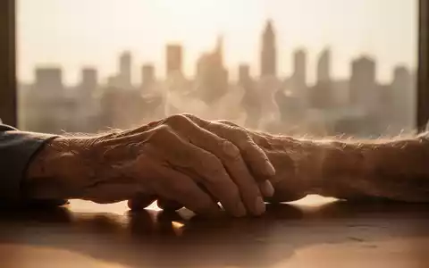 Eine Nahaufnahme der Hand einer älteren Person, die auf einem Tisch liegt, mit verschwommenem, hitzeverzerrtem Stadtbild im Hintergrund. - Foto: über boerse-global.de