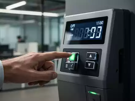Eine Hand tippt auf eine digitale Zeiterfassungsmaschine in einem modernen Büroumfeld, das die Arbeitszeiterfassung symbolisiert. - Foto: über boerse-global.de
