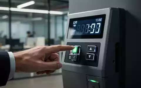 Eine Hand tippt auf eine digitale Zeiterfassungsmaschine in einem modernen Büroumfeld, das die Arbeitszeiterfassung symbolisiert. - Foto: über boerse-global.de