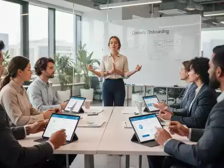 Neue Mitarbeiter nehmen an einem modernen Onboarding teil, das digitale und Wellness-Elemente in einem Büro verbindet. - Foto: über boerse-global.de