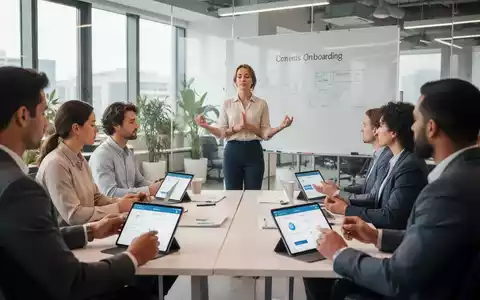 Neue Mitarbeiter nehmen an einem modernen Onboarding teil, das digitale und Wellness-Elemente in einem Büro verbindet. - Foto: über boerse-global.de