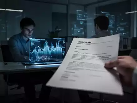 Eine Person sitzt in einem modernen Büro vor einem Laptop, der Daten anzeigt. Eine verschwommene Hand hält ein Kündigungsschreiben. - Foto: über boerse-global.de