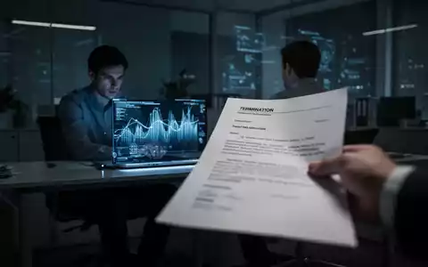 Eine Person sitzt in einem modernen Büro vor einem Laptop, der Daten anzeigt. Eine verschwommene Hand hält ein Kündigungsschreiben. - Foto: über boerse-global.de