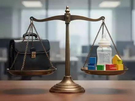 Eine Waage, die auf der einen Seite eine Aktentasche und auf der anderen eine Babyflasche und Bauklötze ausbalanciert, vor verschwommenem Bürohintergrund. - Foto: über boerse-global.de