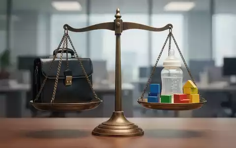 Eine Waage, die auf der einen Seite eine Aktentasche und auf der anderen eine Babyflasche und Bauklötze ausbalanciert, vor verschwommenem Bürohintergrund. - Foto: über boerse-global.de